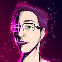 Digital drawing of a tired-looking white woman with short purple hair and rectangular glasses. The background is the bi flag.